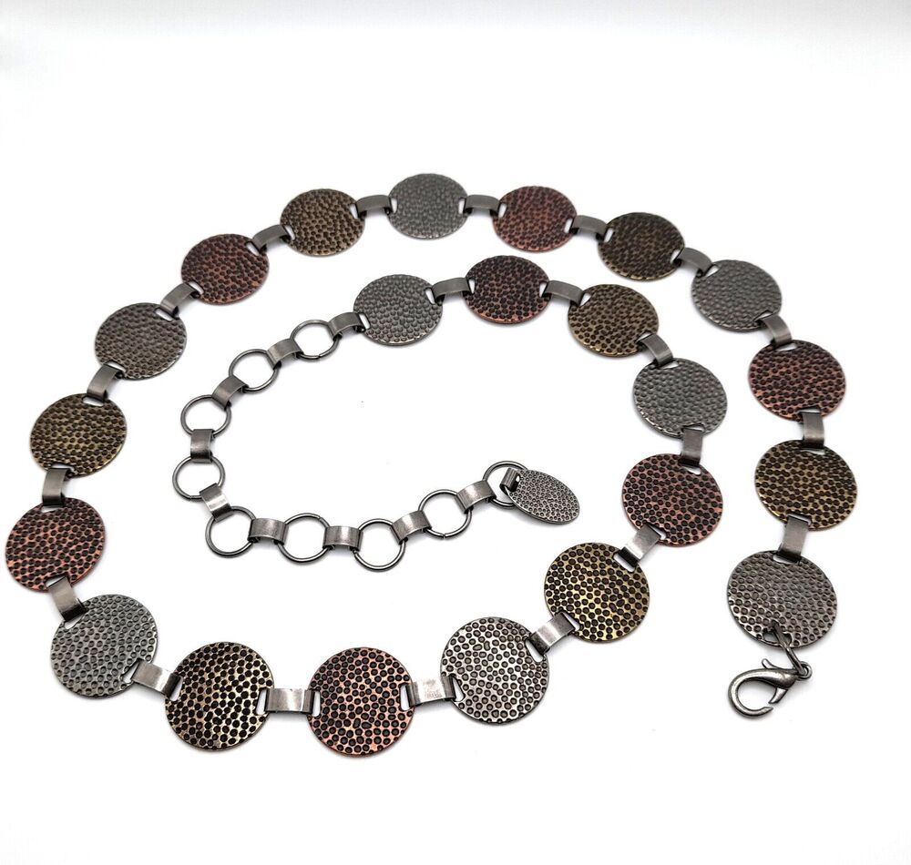 Women Hammered Belt Metal Round Medallion Silver Gold Bronze, 43"